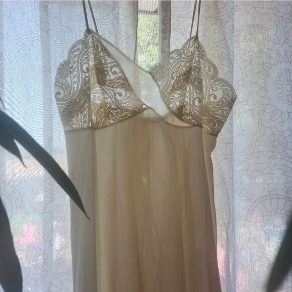 Vintage Cream Lace Satin Slip Dress Lingerie Sexy Spaghetti Strap Maxi 50s Vday - Picture 2 of 10